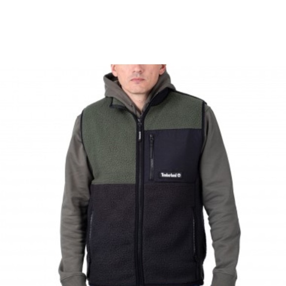 Timberland Mens Fleece Vest Green/Black Color Block Pockets Mock Neck SZ Large - Picture 11 of 11